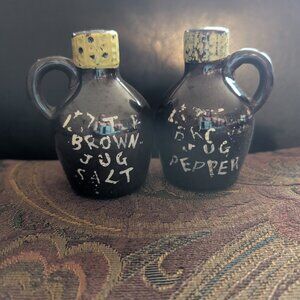 Vintage Japan Brown Jug Salt & Pepper Shakers Hand Painted Souvenir Set, cottage